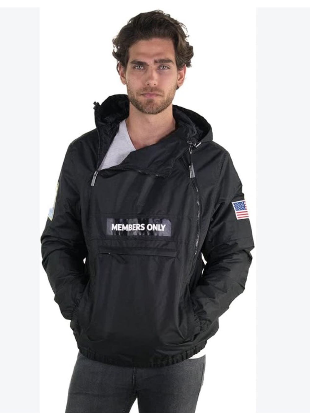 Members Only Black Hooded Anorak Jacket with Flag Patches - Picture 3 of 3